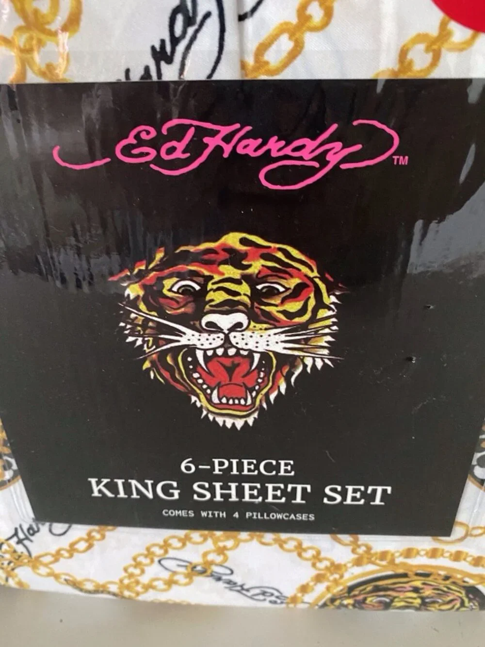 6 Piece Ed Hardy KING Size Sheet Set Americana Asian Tattoo‎ Tiger Print White